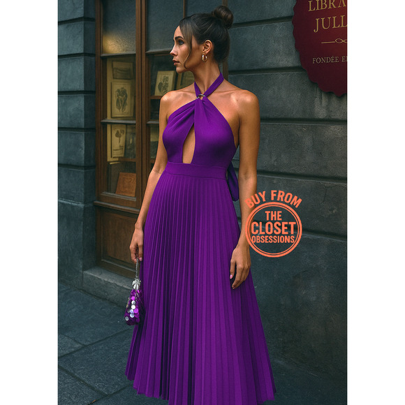 ZARA Purple Halter Pleated Midi Dress NWT Gold Buckle Cutout, Size L, XL - Picture 4 of 16